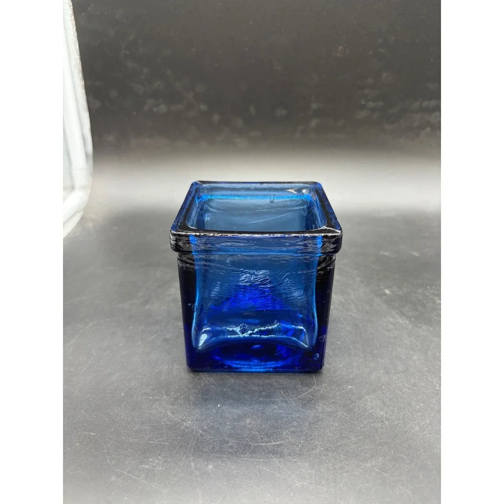 Cobalt Blue Art Glass Square Votive Candle Holder Textured Heavy Glass Planter